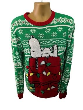 Peanuts Snoopy Crewneck Sweater Christmas Holiday Knit Green Red M